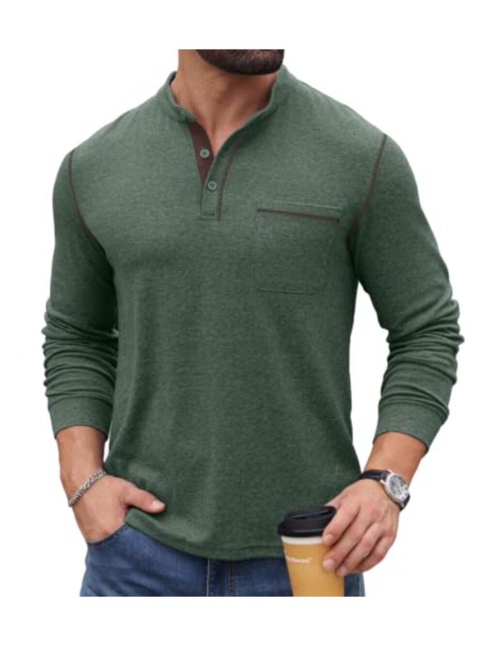 Mens Long Sleeve Henley Shirt Button Pullover Tee with Pocket